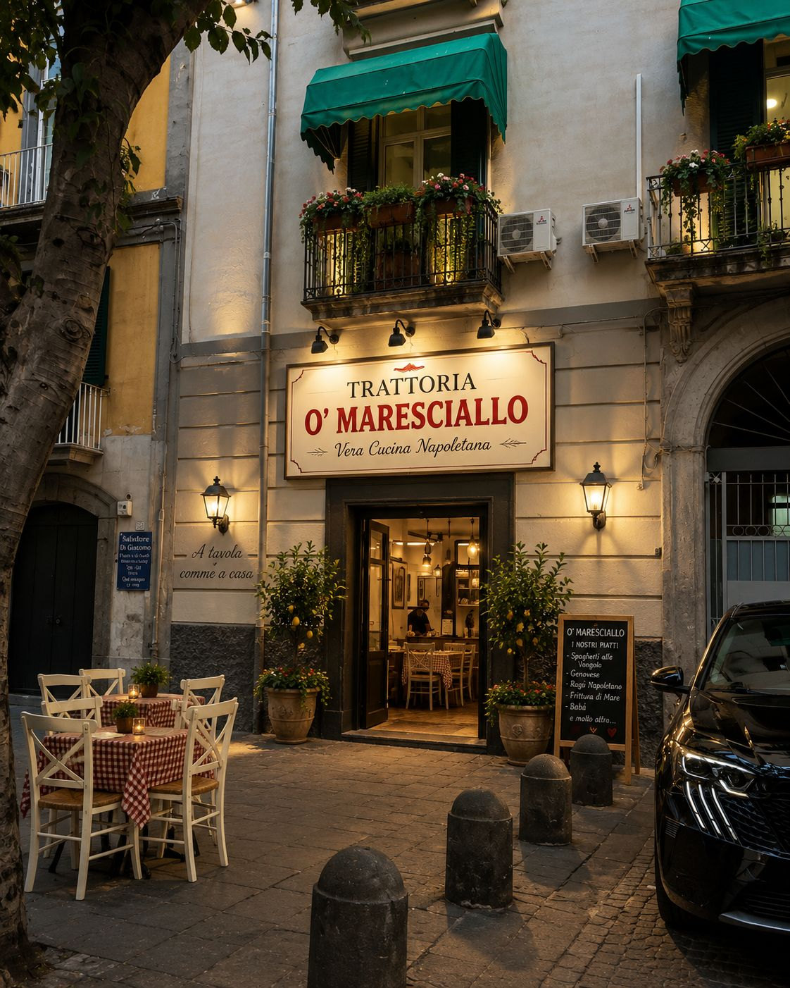 La facciata della Trattoria O' Maresciallo in Via Foria a Napoli al tramonto